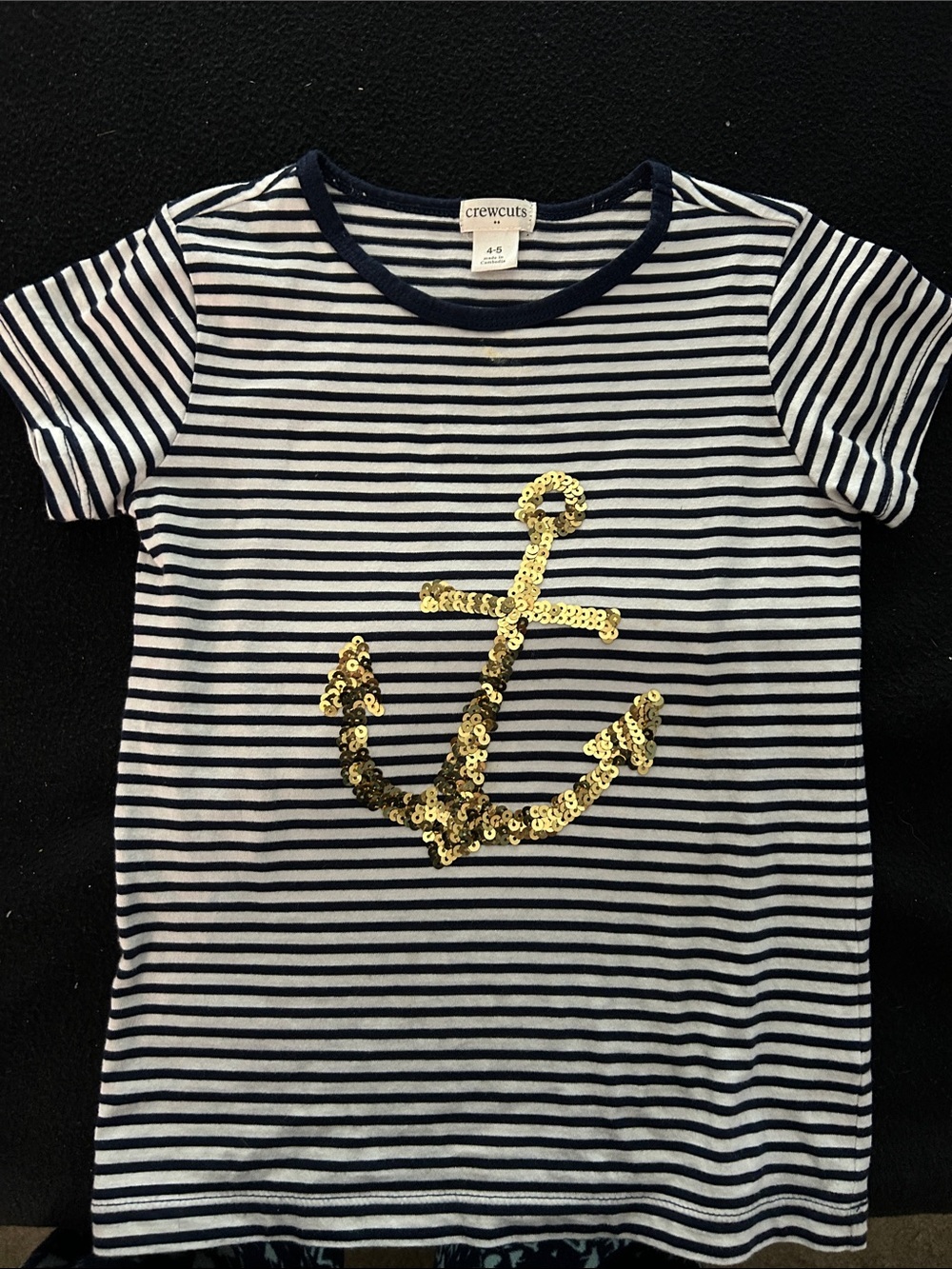 crewcuts Navy & White Striped Tee with Gold Sequin Anchor - size 4-5 girl